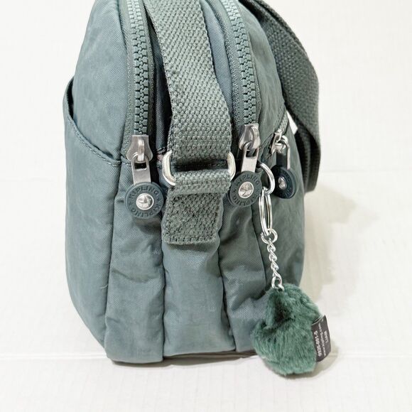 KIPLING Keefe Triple Compartment Crossbody Bag Green Gray w Monkey Gorilla Charm - Picture 4 of 14